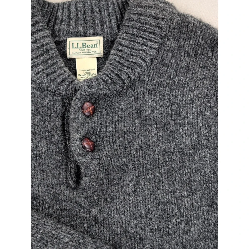 L.L. Bean 100% Lambswool Sweater Mens Large Gray Henley Shawl Collar Vintage